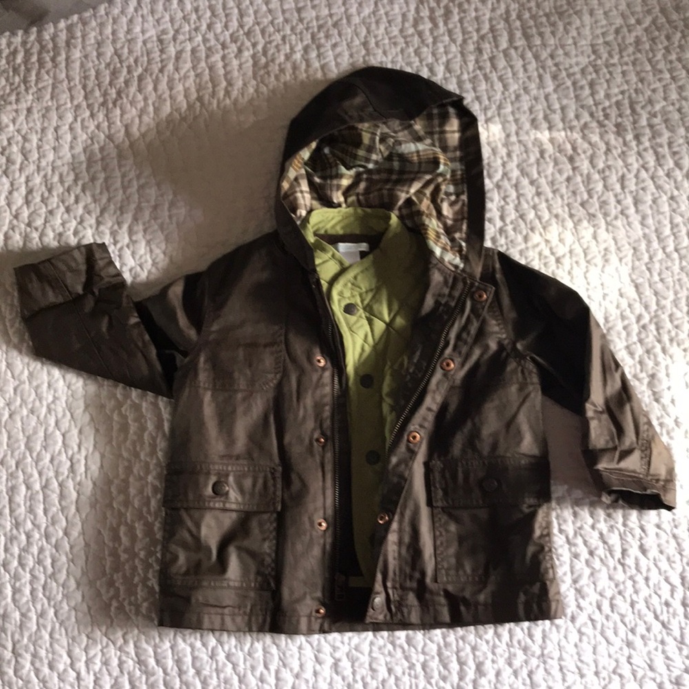 Janie and Jack Olive Green Hooded Jacket with Plaid Lining